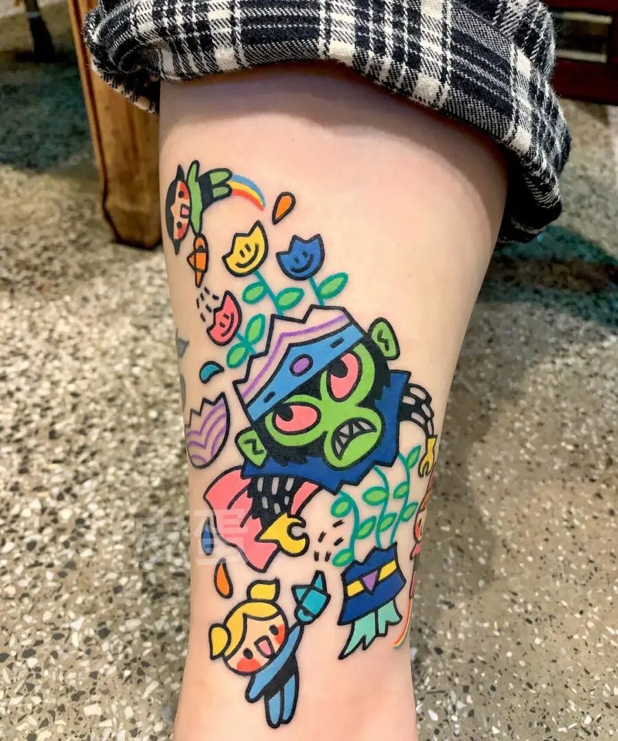 Whimsical new school tattoo featuring unique characters