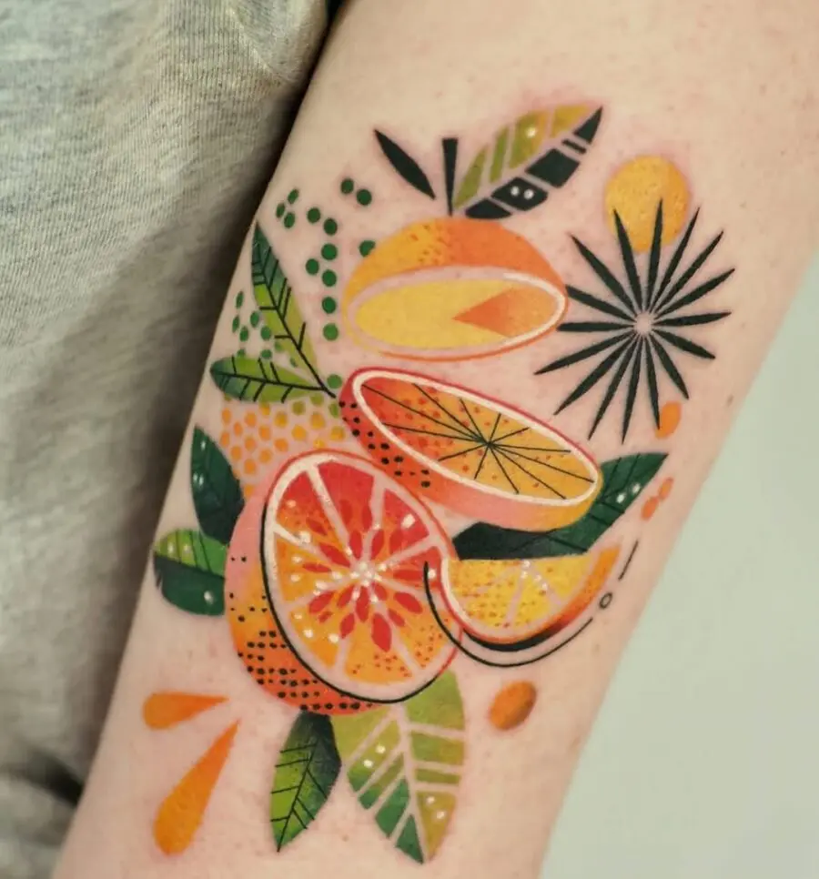 Vibrant Orange Fruit Tattoo with Leaf Details