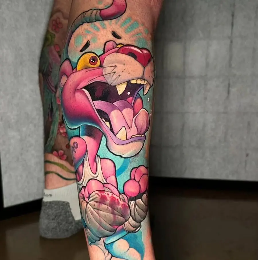 Vibrant Pink Panther Tattoo with Playful Vibes