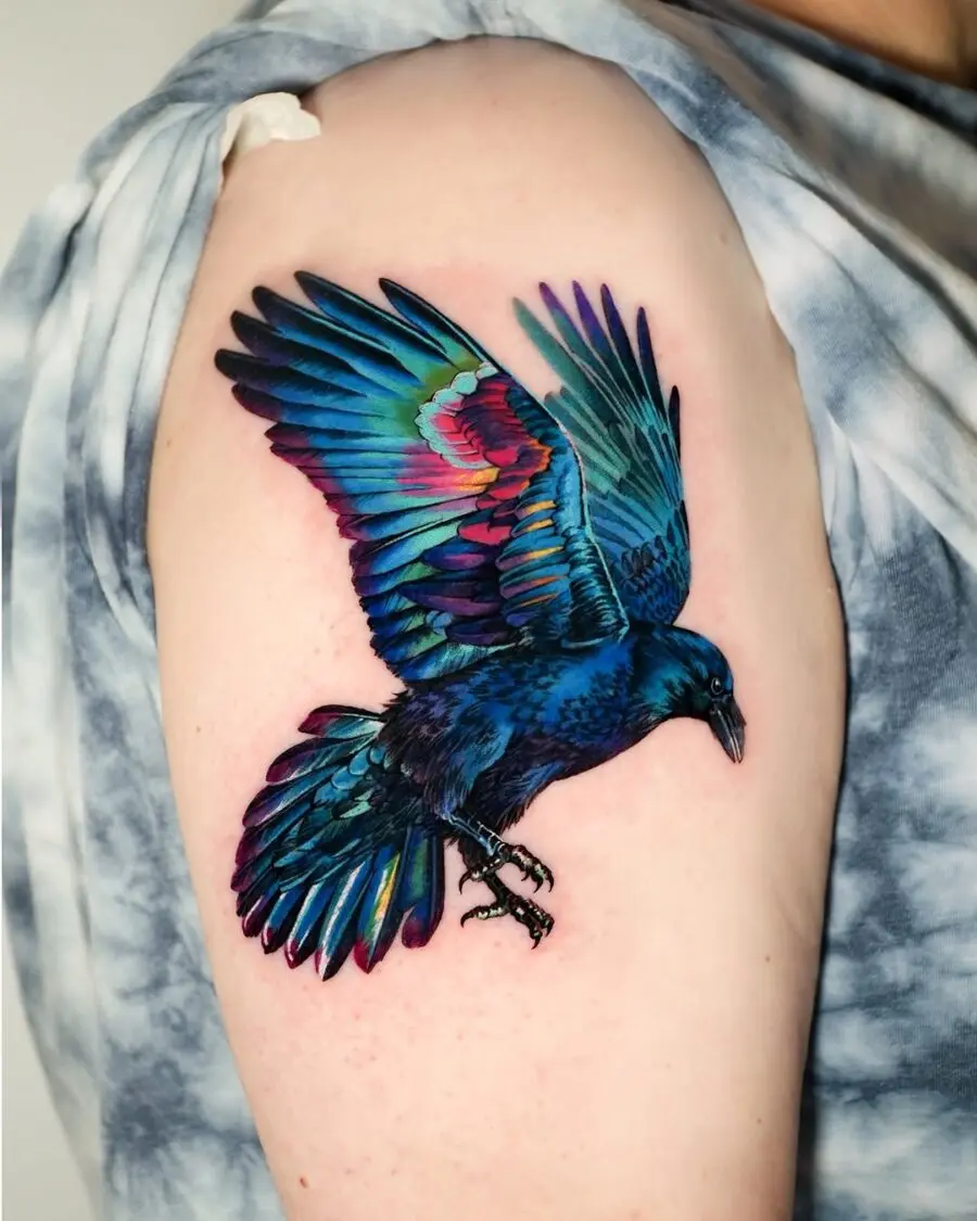 Stunning Colorful Raven Tattoo with Spreading Wings