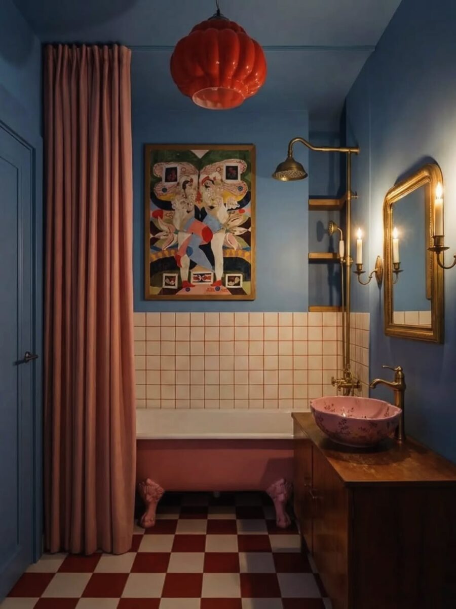 Whimsical decor in a cozy bathroom space