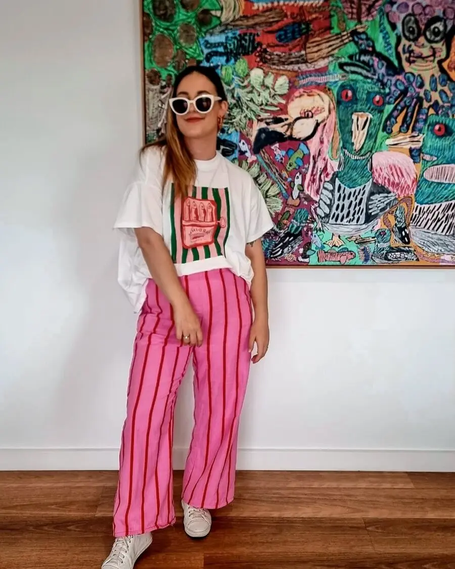 Trendy pink-striped outfit for comedy show