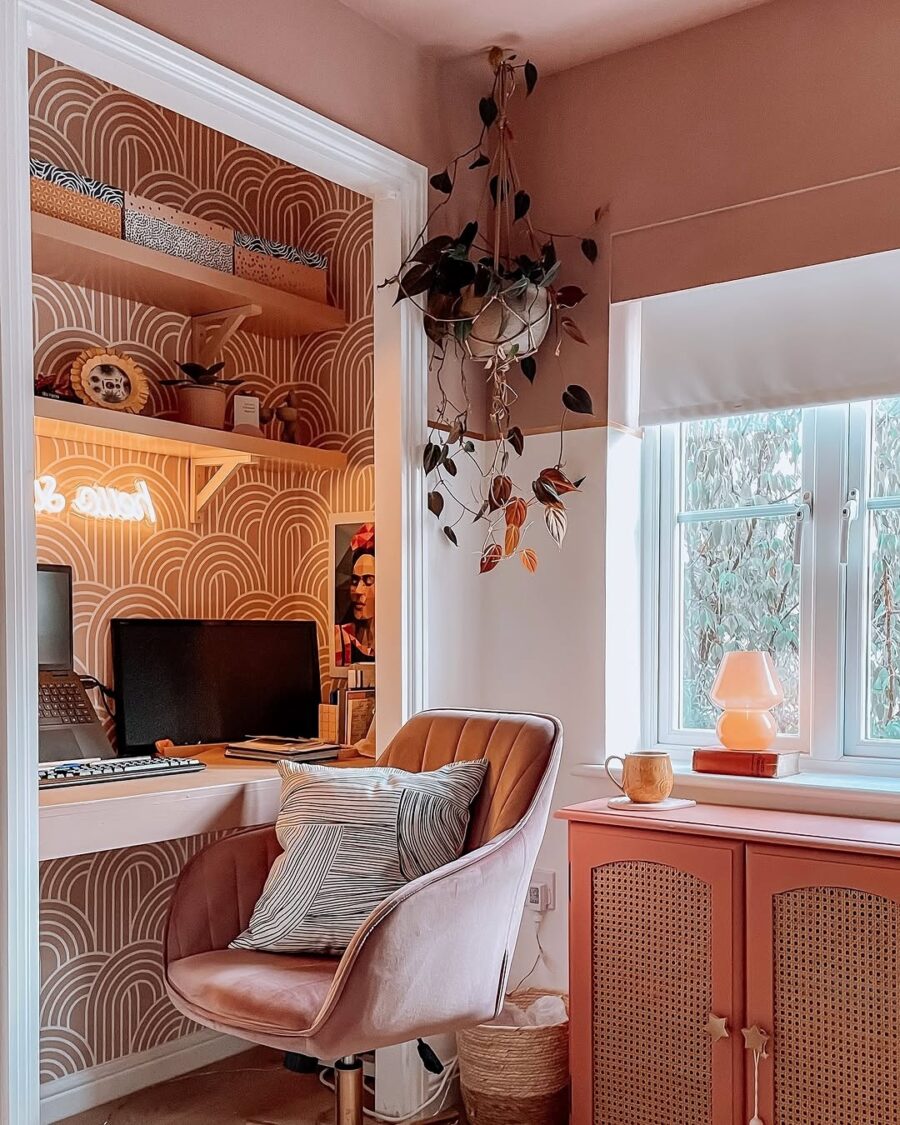 Stylish corner desk with warm tones