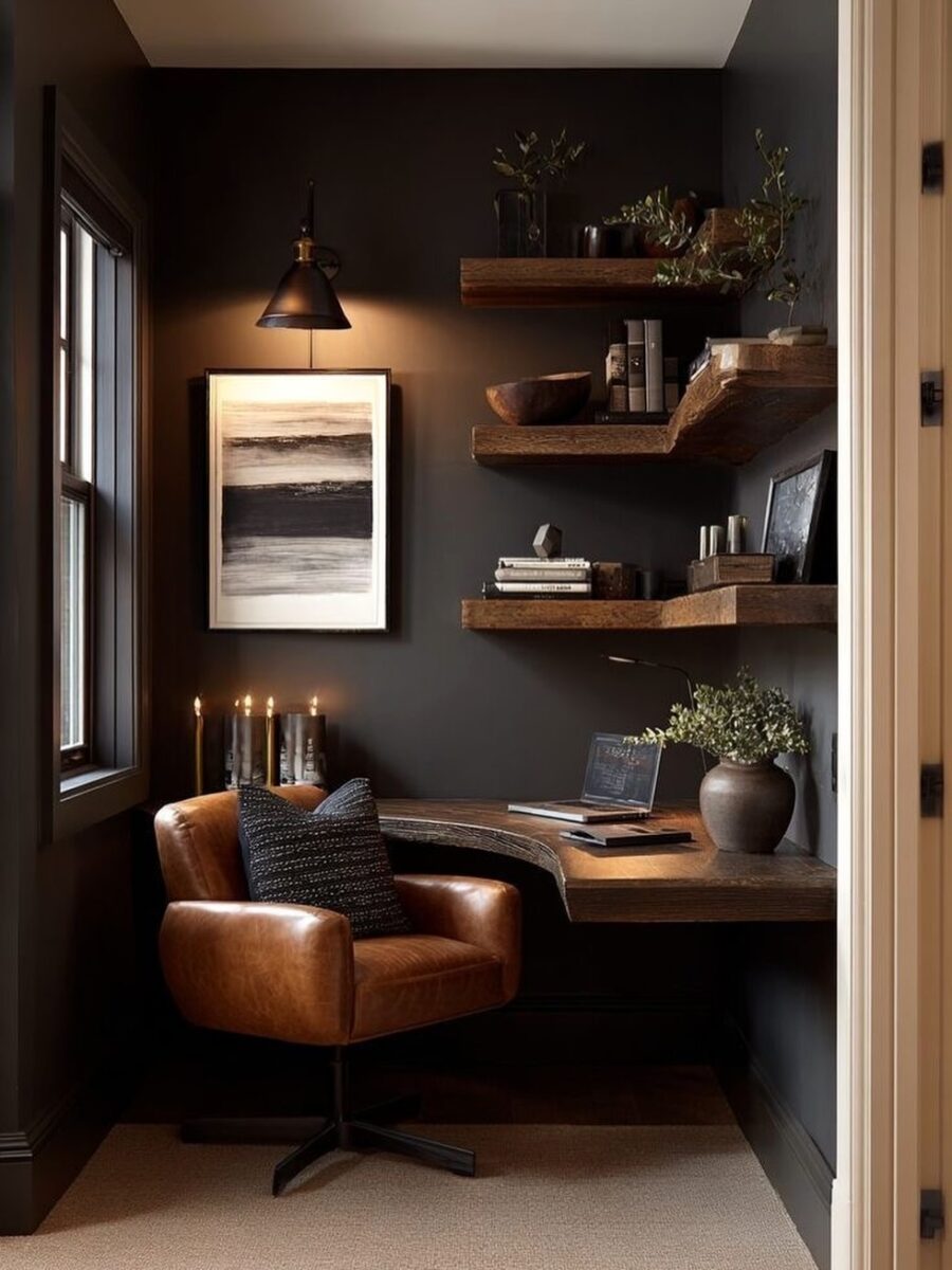 Stylish corner desk in warm, inviting space