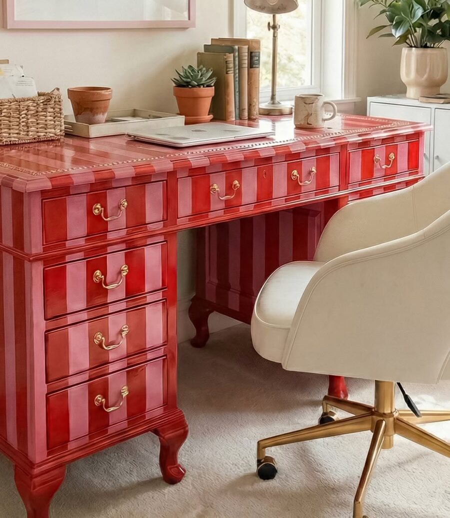Chic red striped corner desk decor