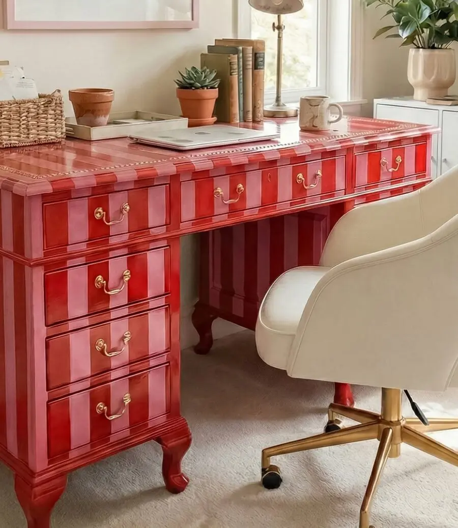 Chic red striped corner desk decor