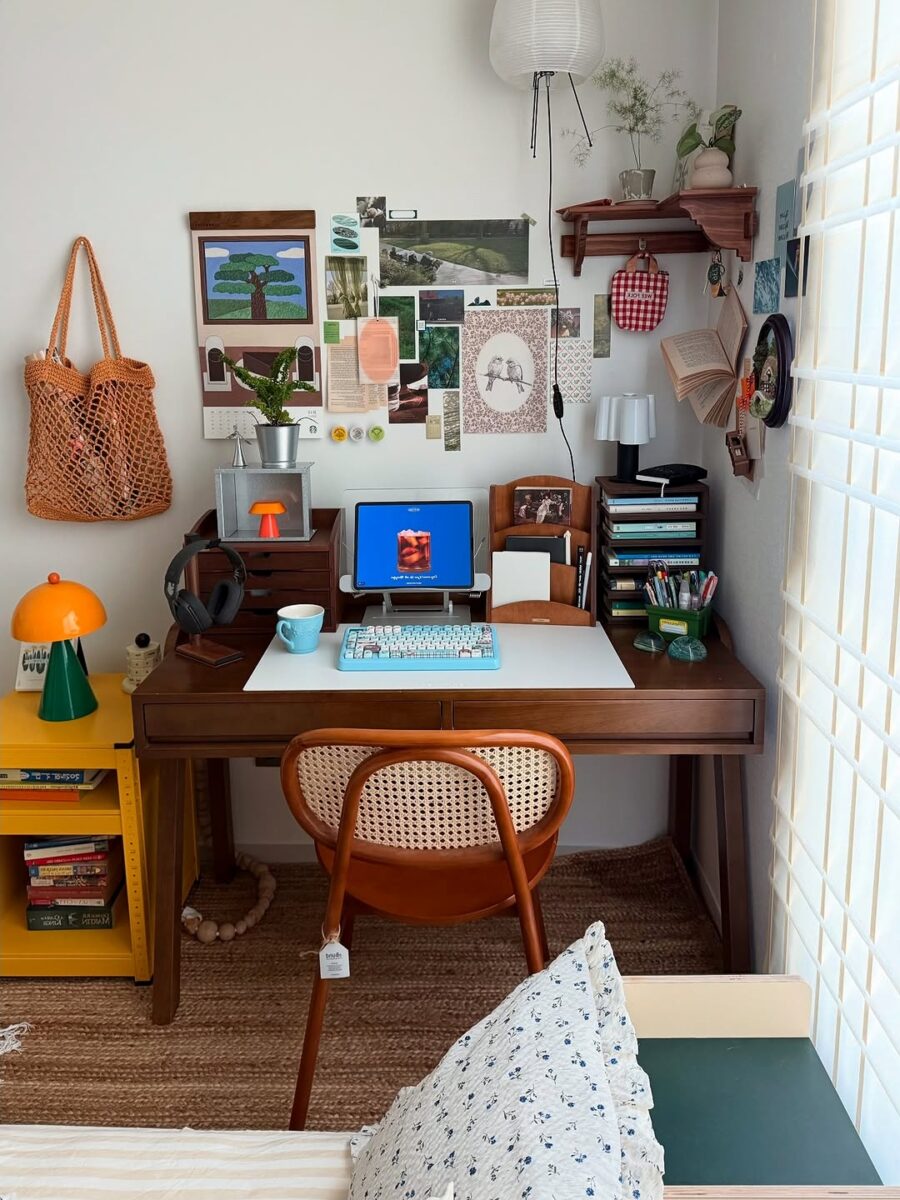 Chic corner desk with vibrant decor accents