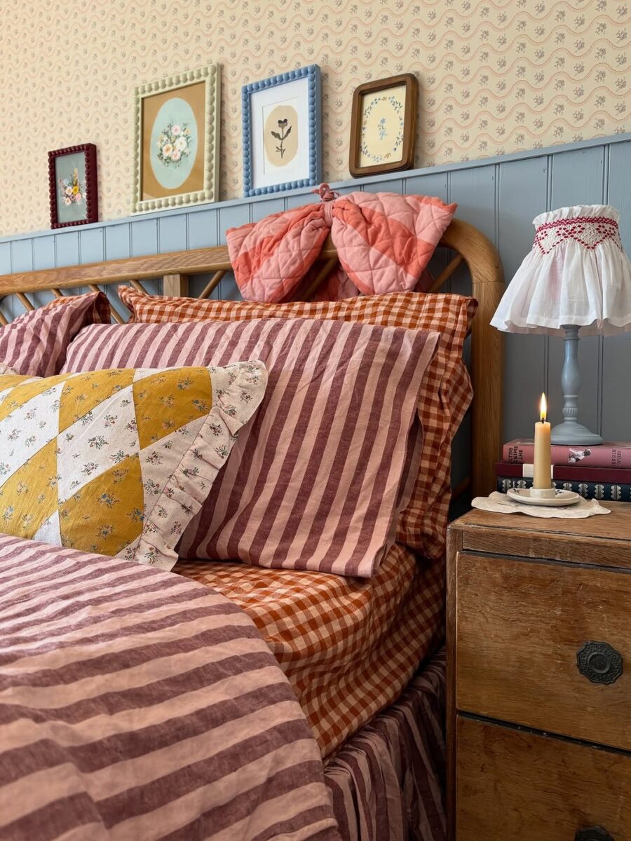 Charming cottage bedroom with colorful textiles