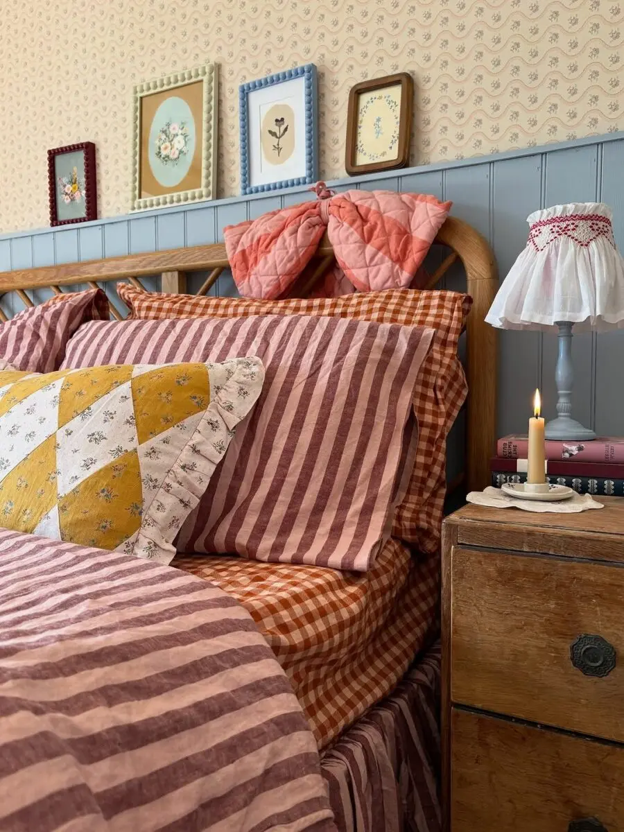 Charming cottage bedroom with colorful textiles