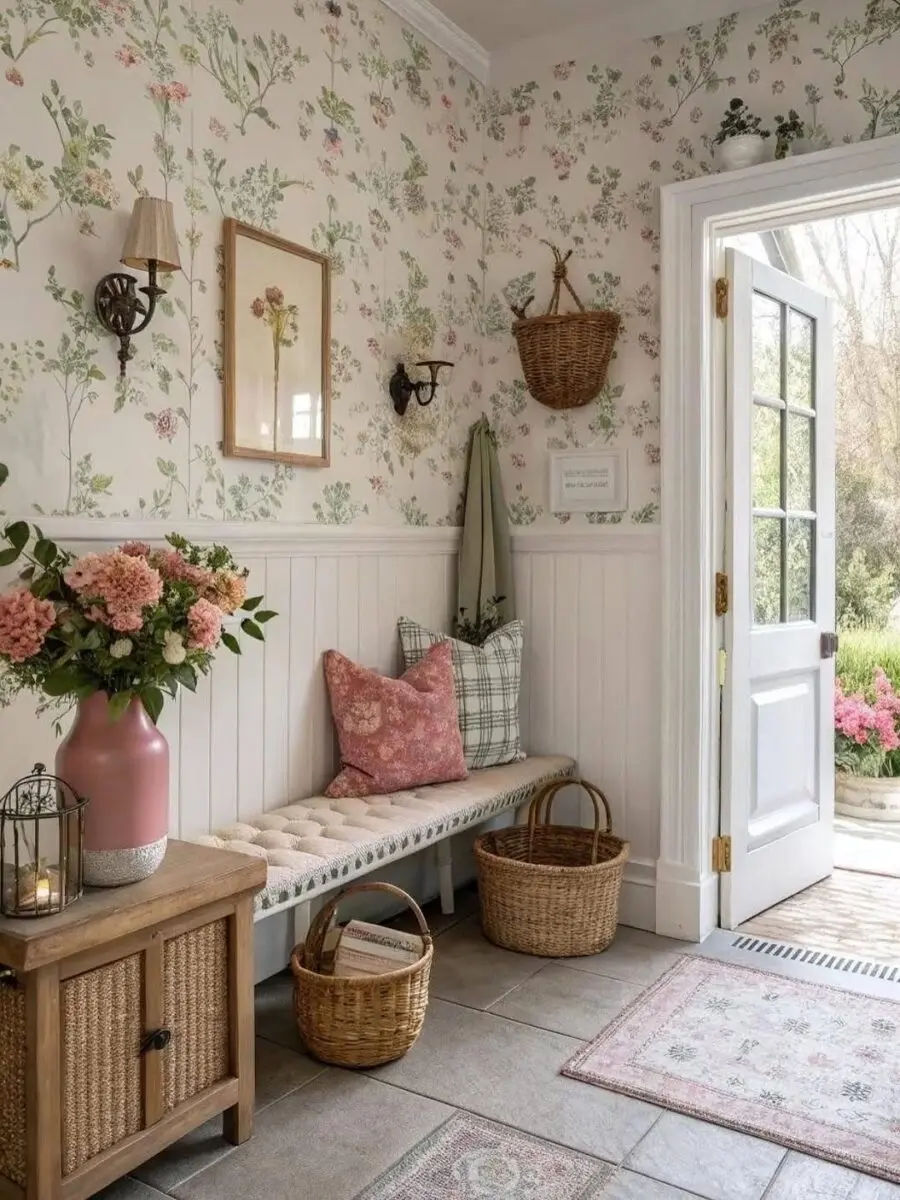 Charming entryway with floral wallpaper and accents