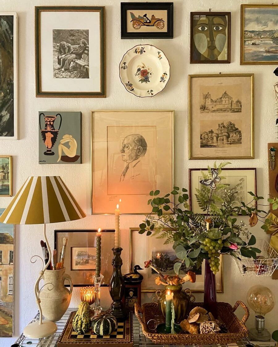 Charming gallery wall showcases eclectic decor
