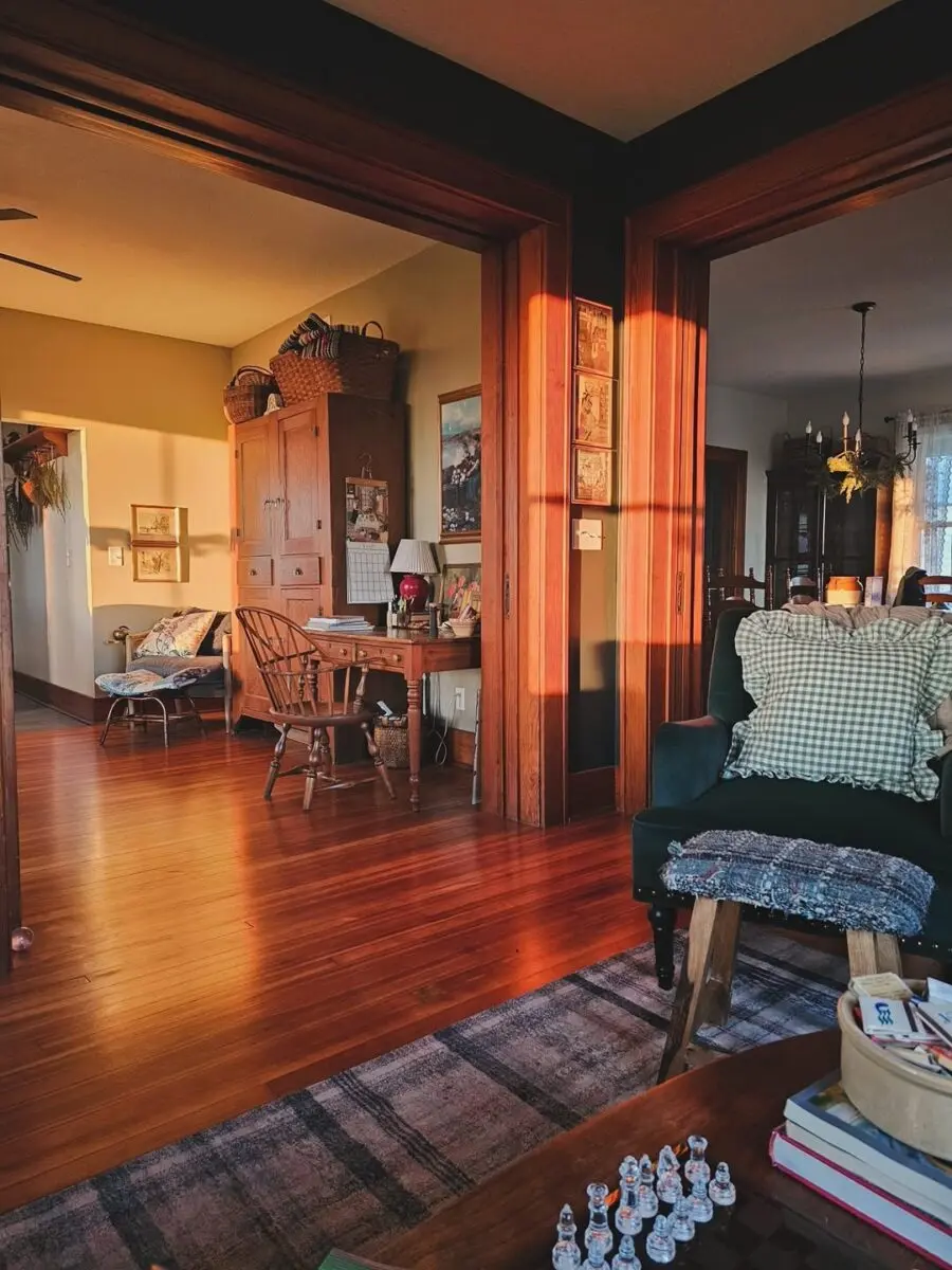 Charming cottage with warm lighting and cozy decor