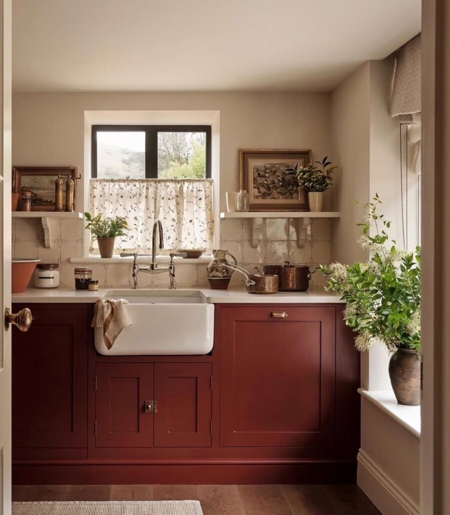 Charming cottage kitchen with warm red tones