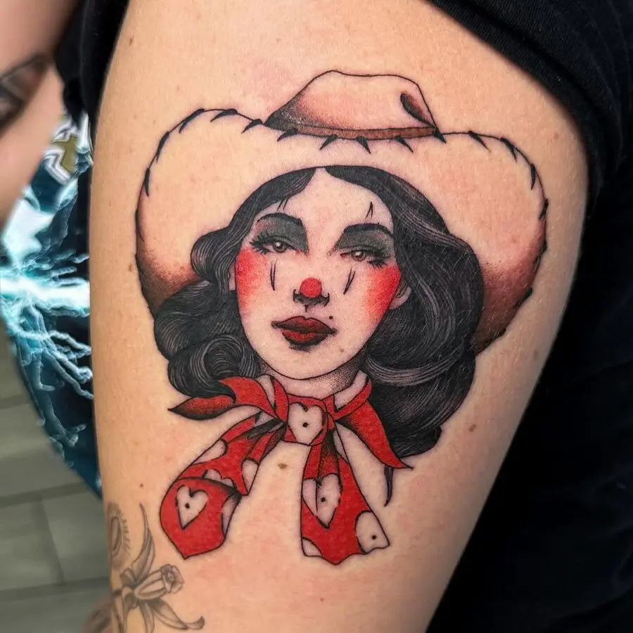 Creative clown-inspired country girl tattoo design