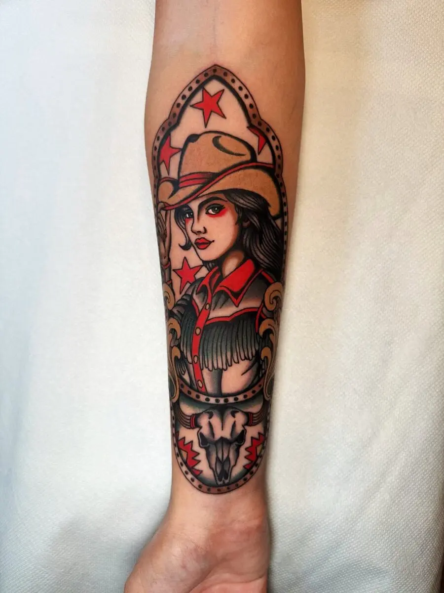 Stylish cowgirl tattoo with vintage flair