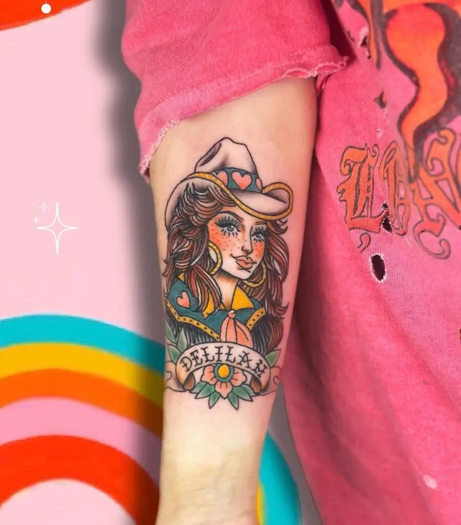 Vibrant cowgirl tattoo with playful elements