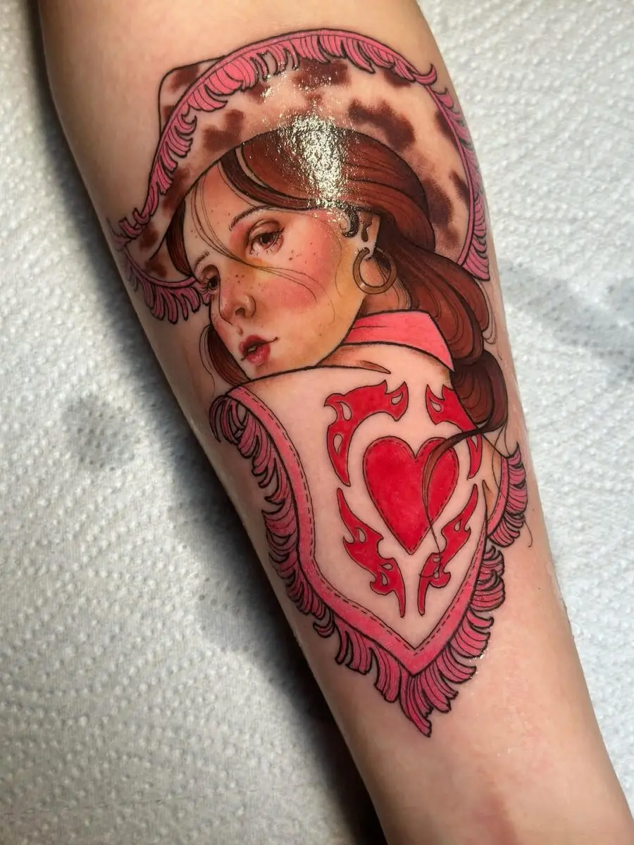 Elegant country girl tattoo with heart and hat
