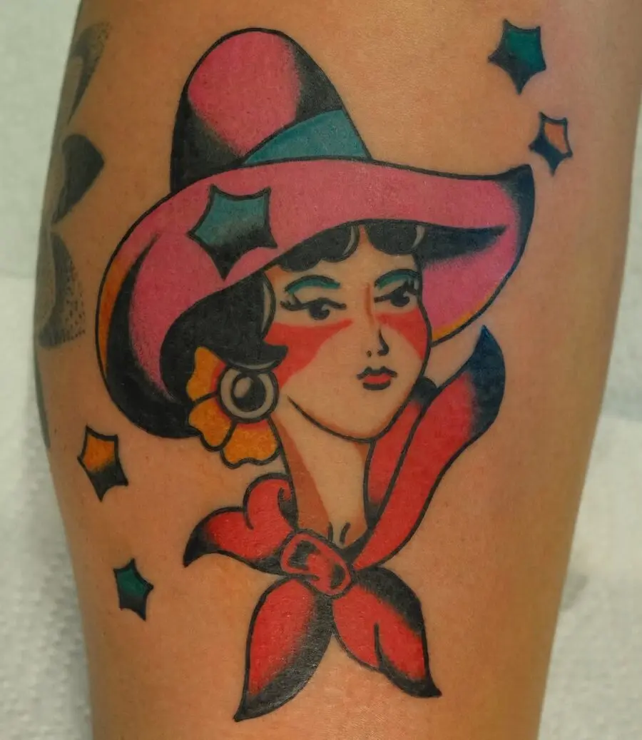 Bold and colorful country girl tattoo design