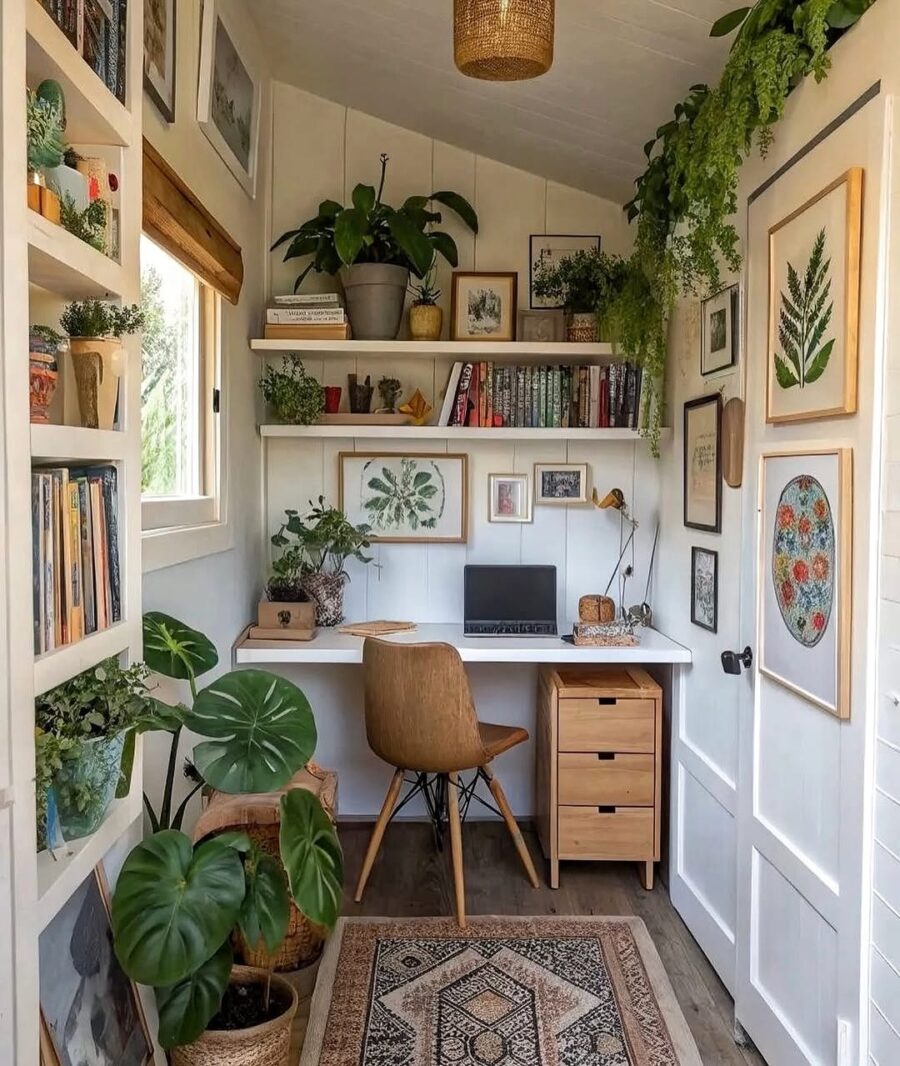 Inviting corner desk with lush greenery accents