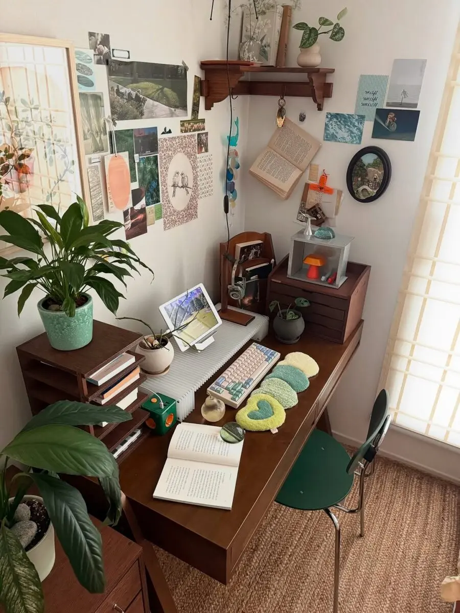 Stylish corner desk with plants and decor
