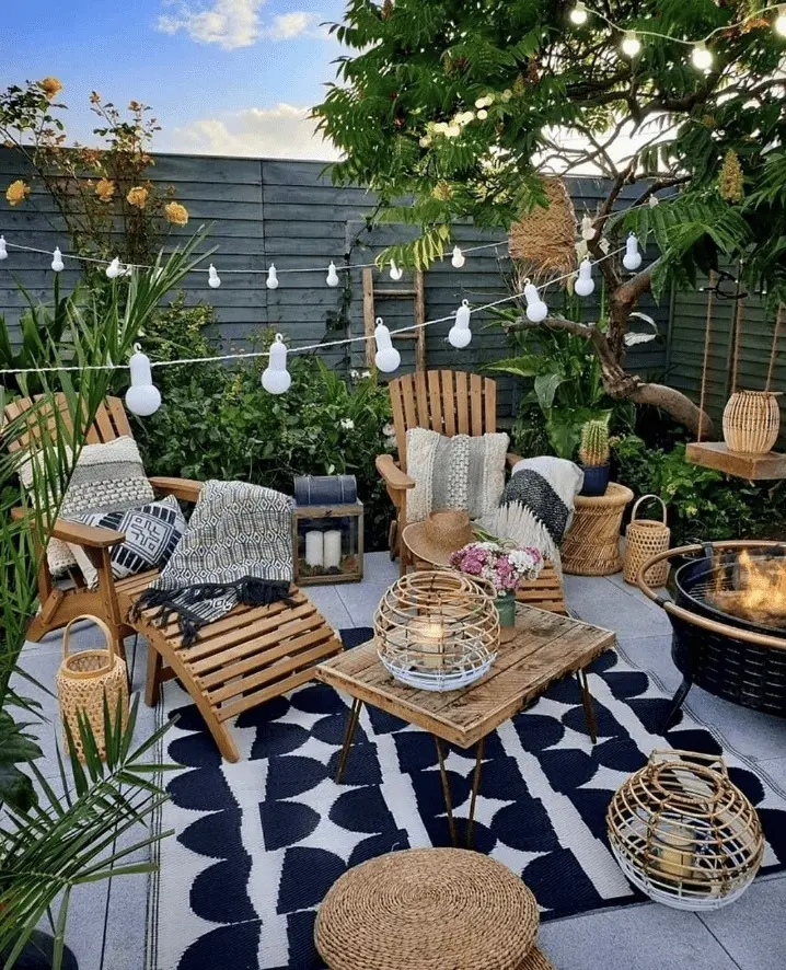 Charming outdoor lounge area with cozy vibes