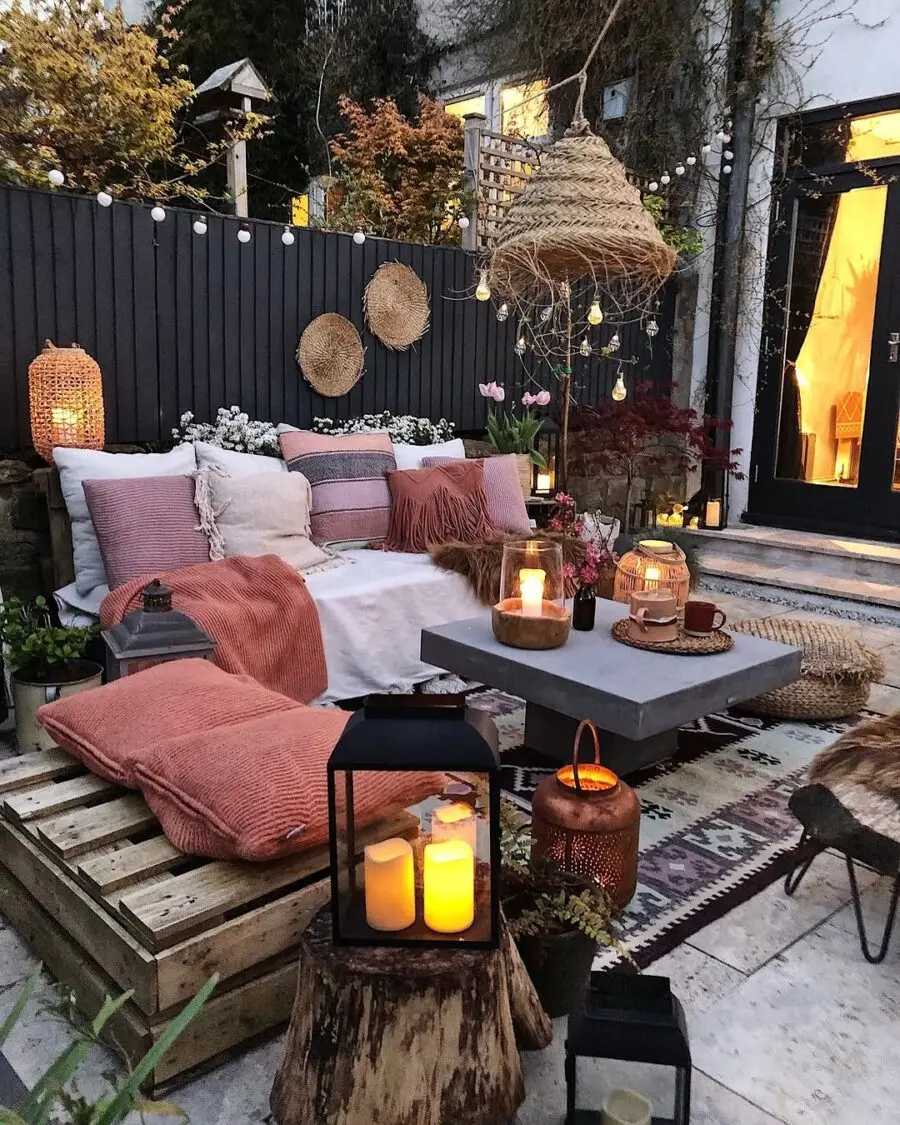 Charming outdoor lounge with soft lighting