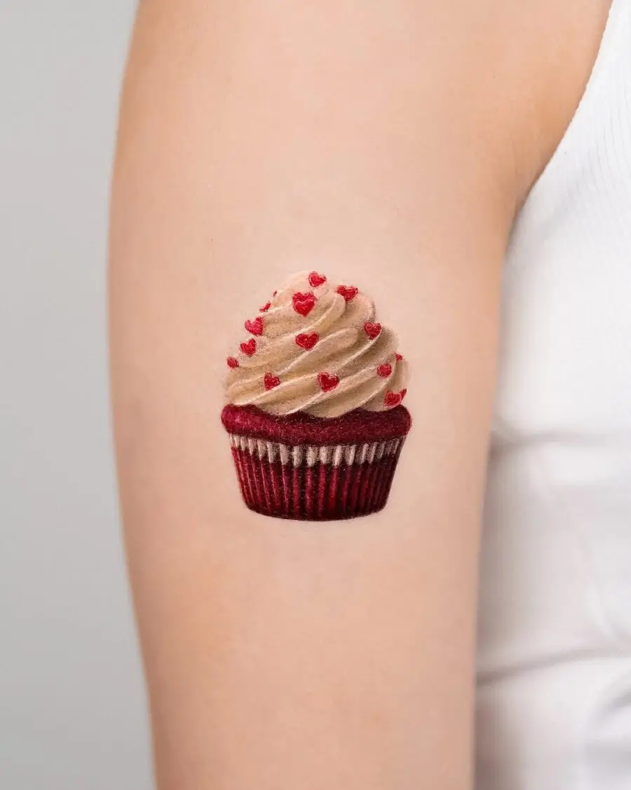 Colorful cupcake tattoo with charming heart details