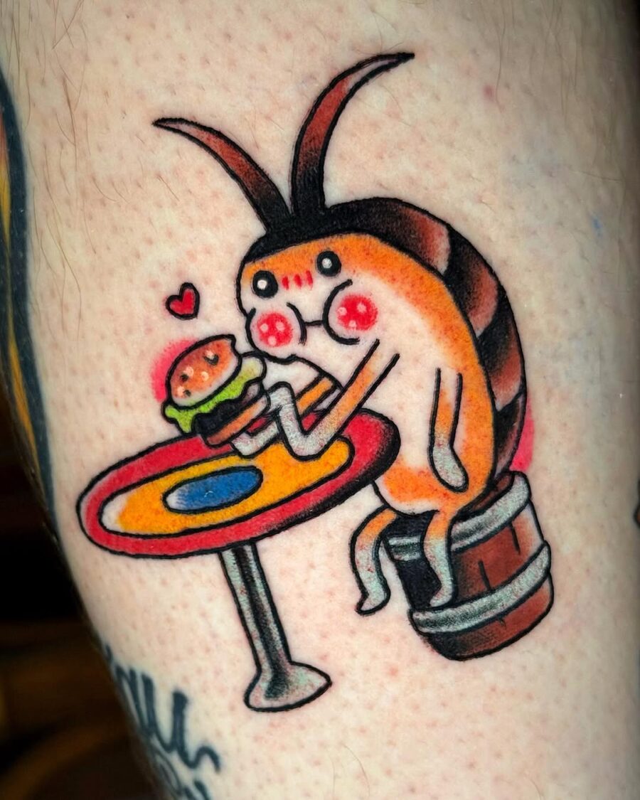 Whimsical bug enjoying a delicious burger tattoo