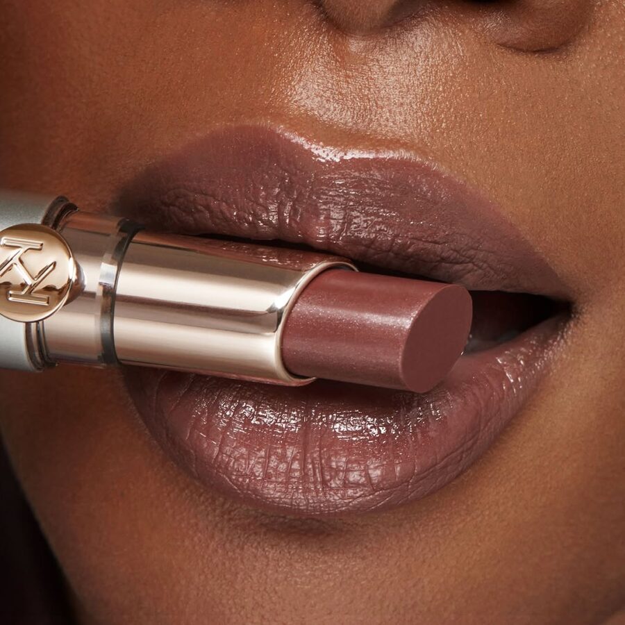 Flattering nude brown lipstick for dark skin