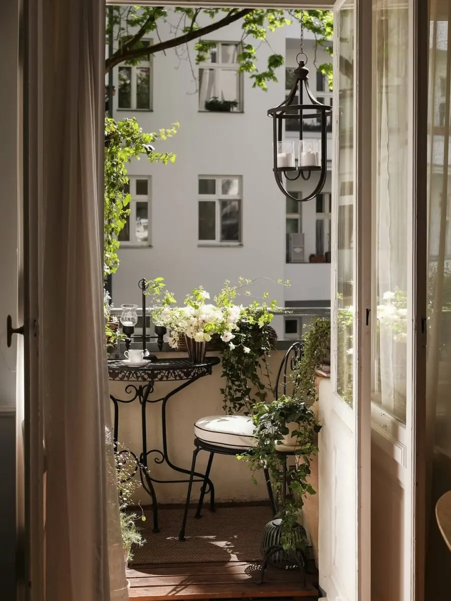 Serene balcony with lush greenery and charm