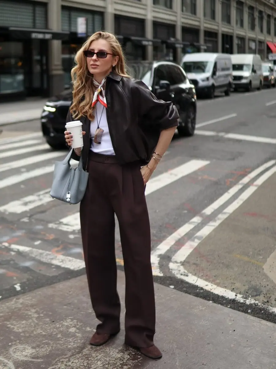 Chic street style featuring brown pants