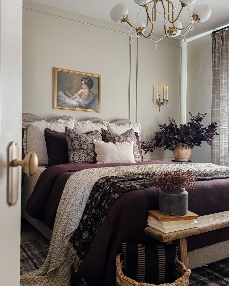 Elegant floral bedroom with rich purple hues