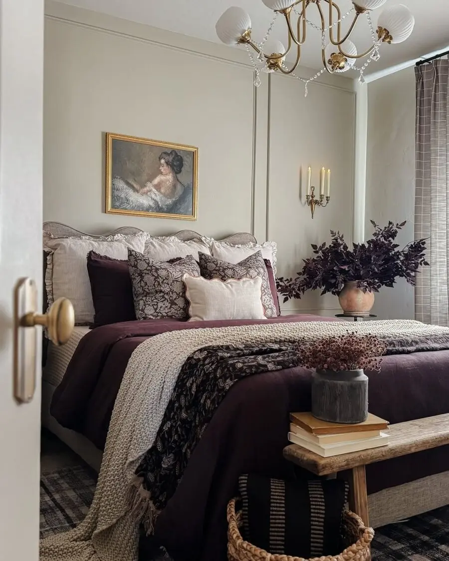 Elegant floral bedroom with rich purple hues