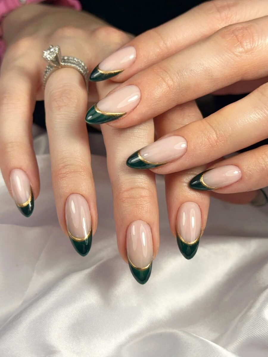 Chic green French tips with gold accents