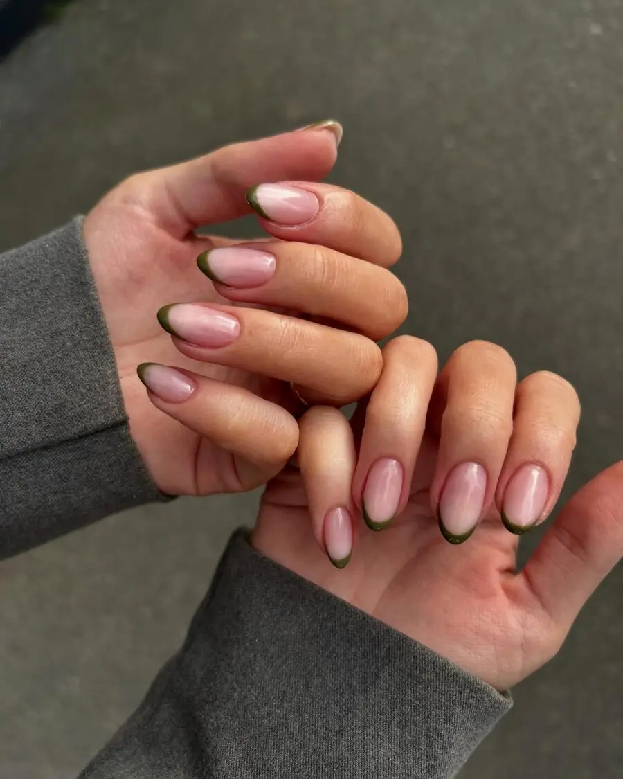 Elegant green almond-shaped French tips nails