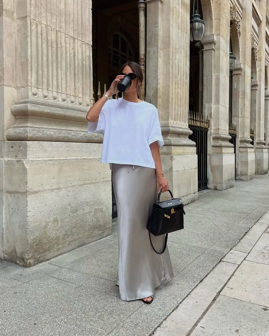 Chic long skirt paired with a casual tee