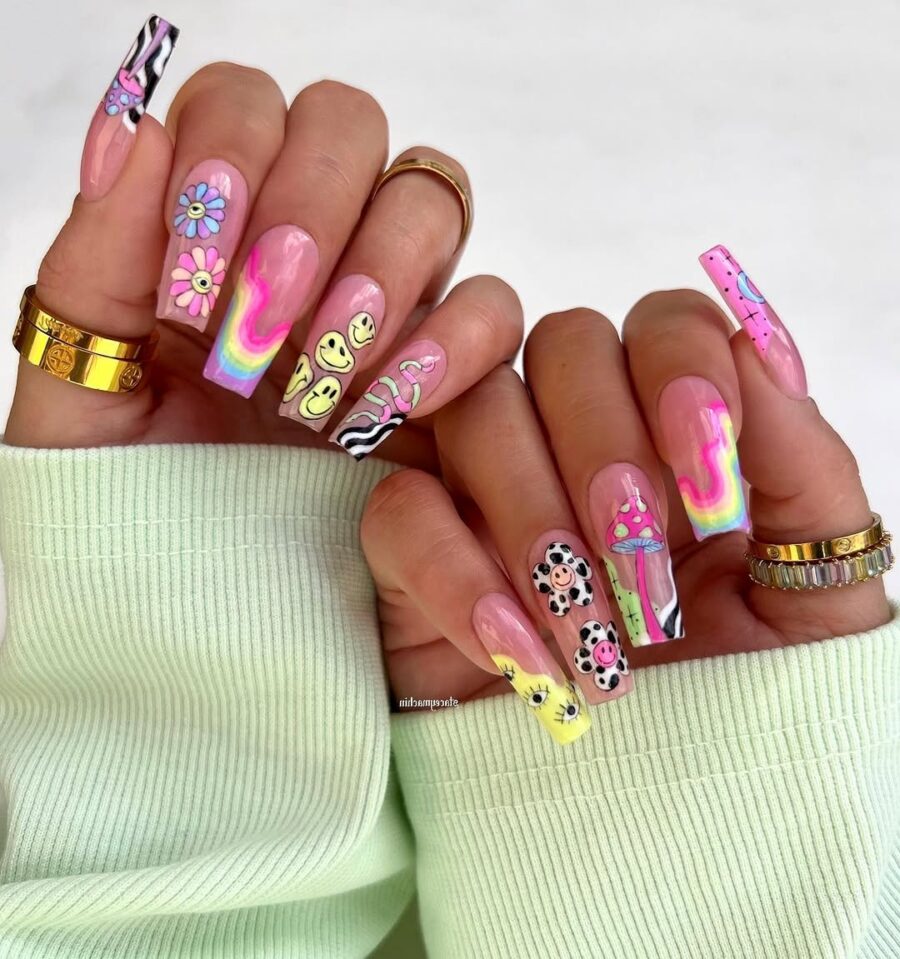 Vibrant Festival Nail Art with Fun Themes