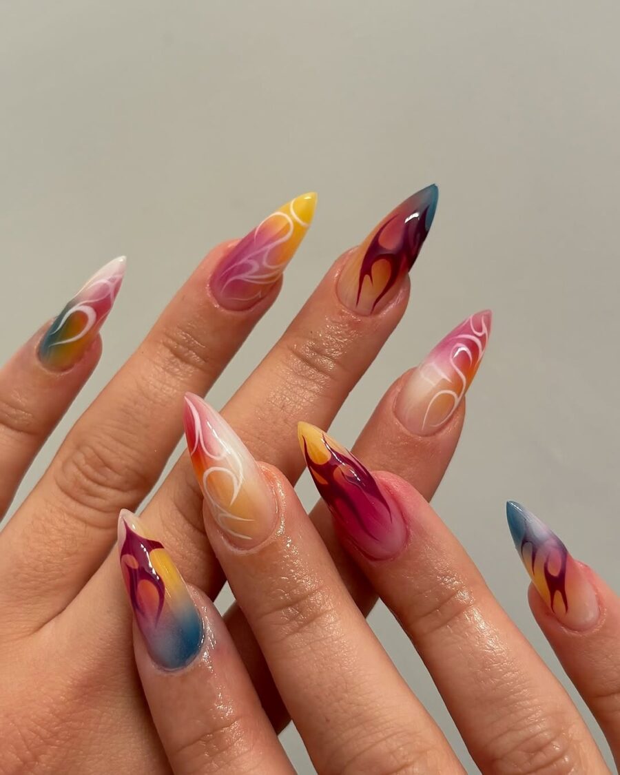 Vibrant flames on stunning stiletto nails