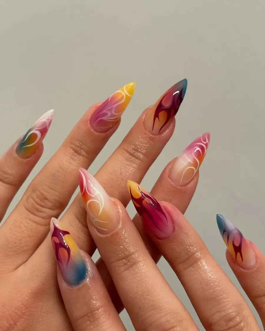 Vibrant flames on stunning stiletto nails