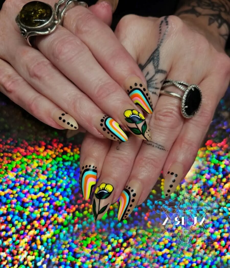 Vibrant Festival Nails with Floral Patterns