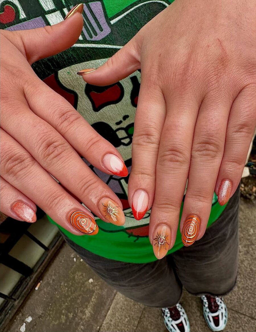 Vibrant orange swirls with shimmering accents
