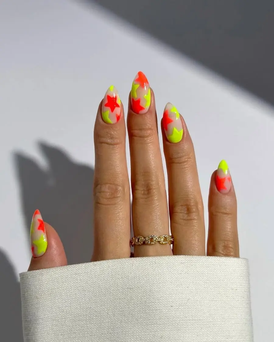 Vibrant Neon Starry Festival Nail Art