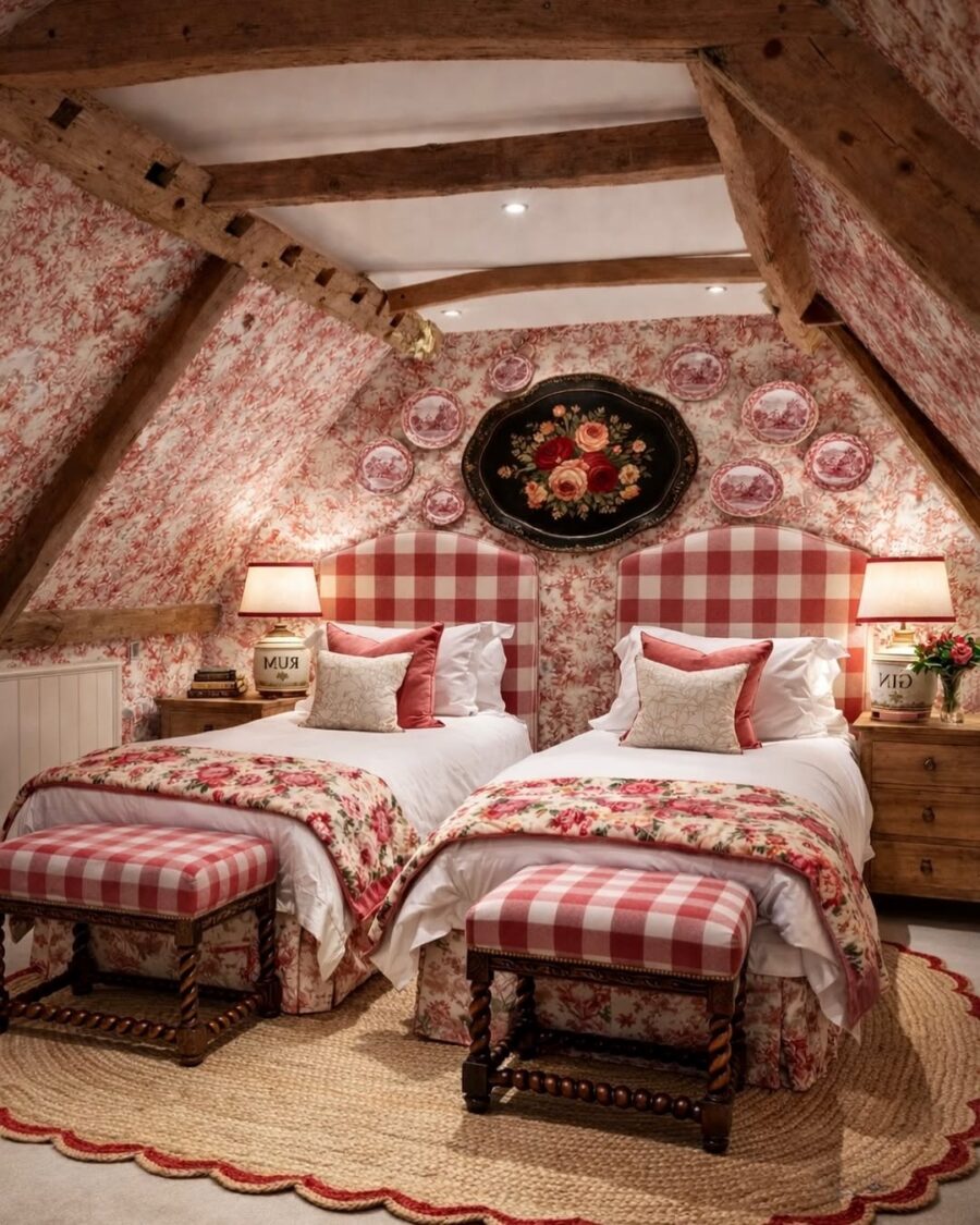 Charming Floral and Checkered Bedroom Decor