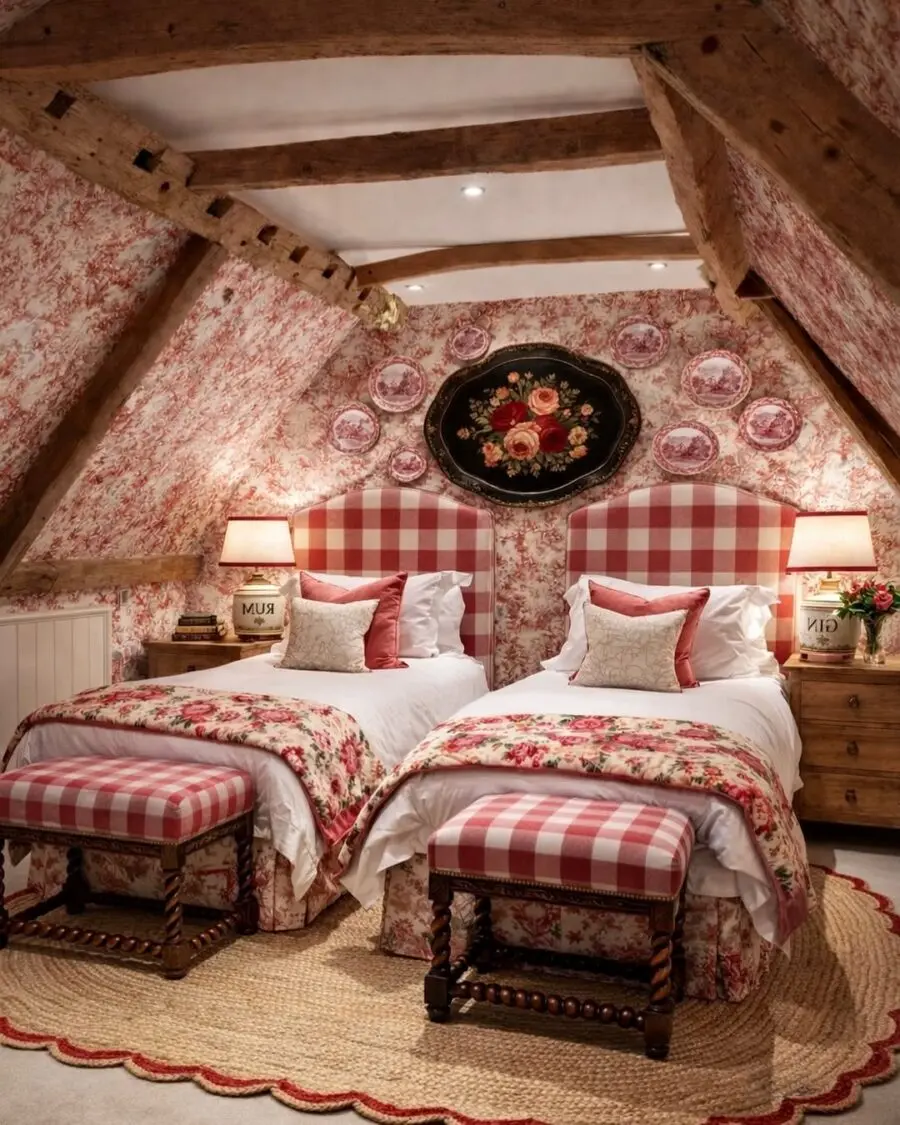 Charming Floral and Checkered Bedroom Decor