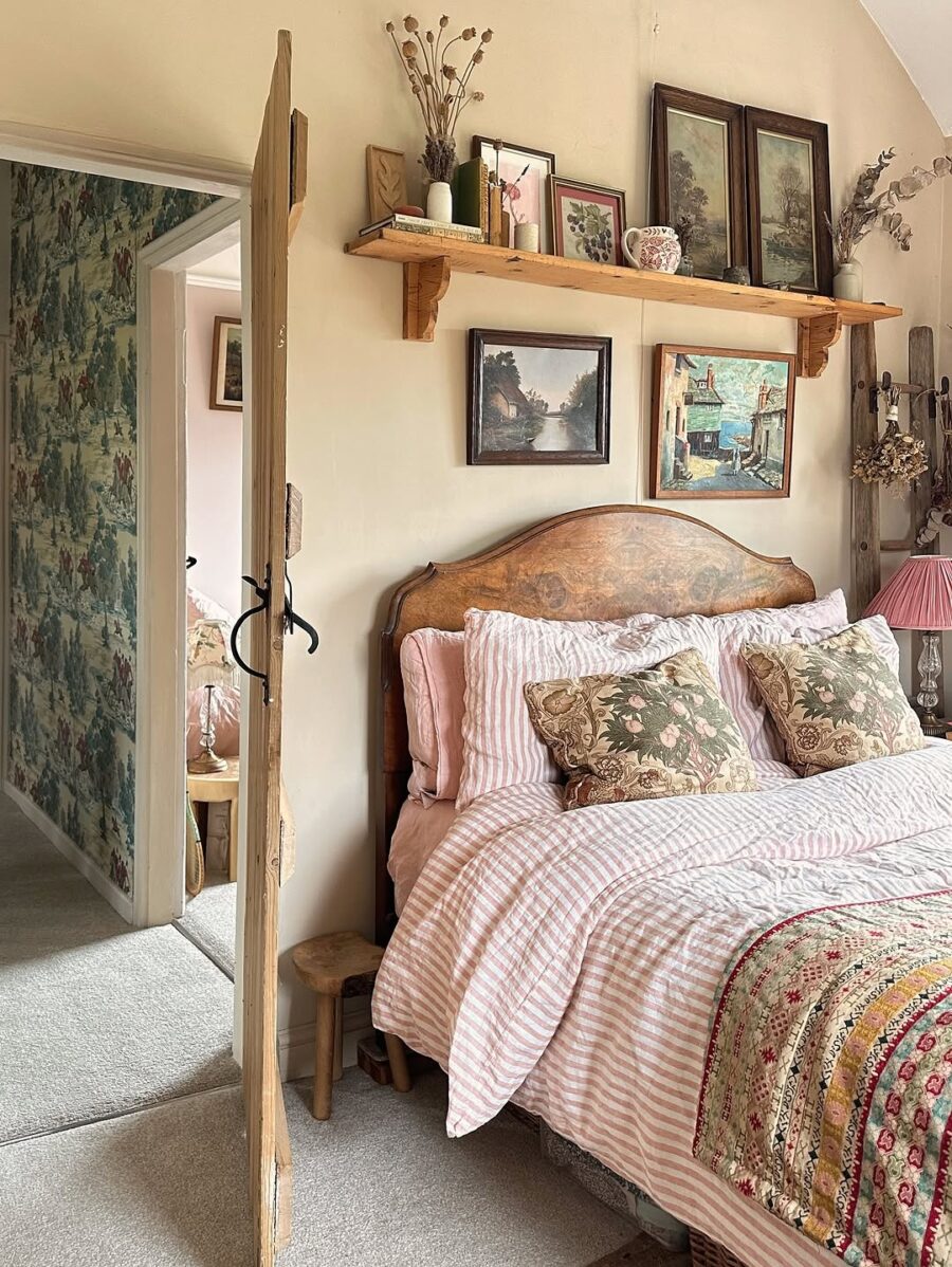 Cozy floral-themed bedroom with vintage accents