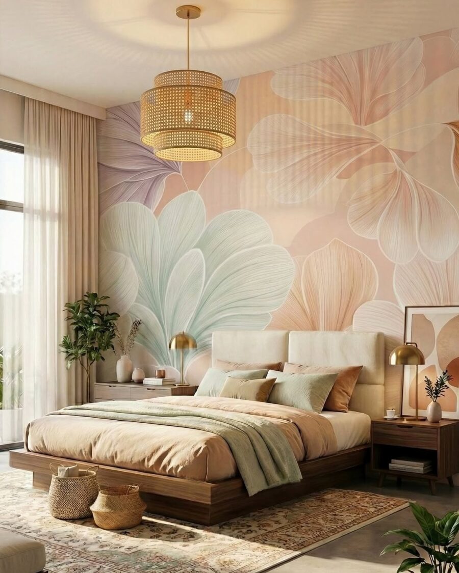 Serene floral-themed bedroom with elegant decor