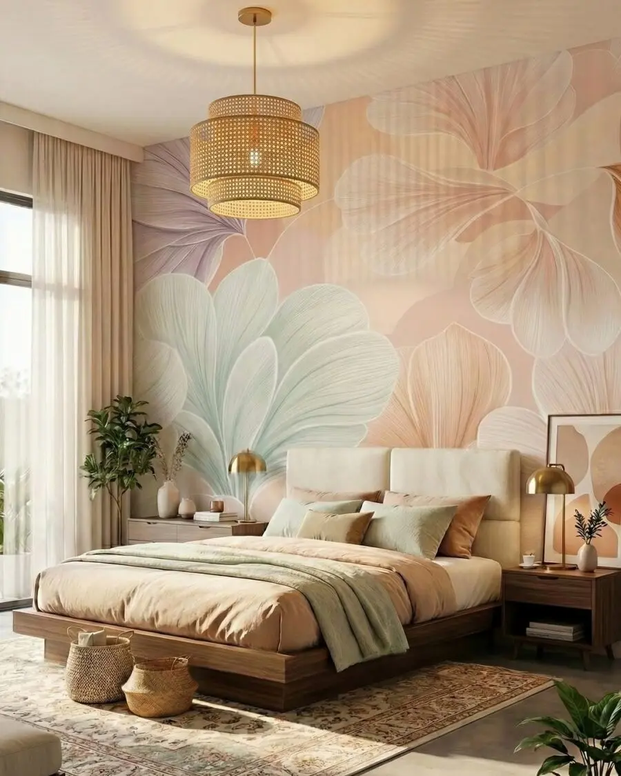 Serene floral-themed bedroom with elegant decor