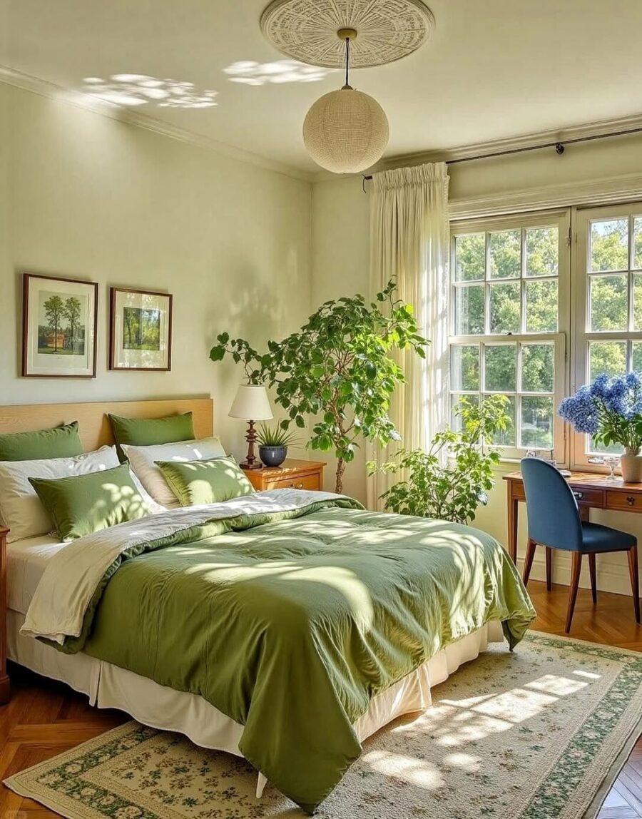 Serene floral-inspired bedroom with green accents