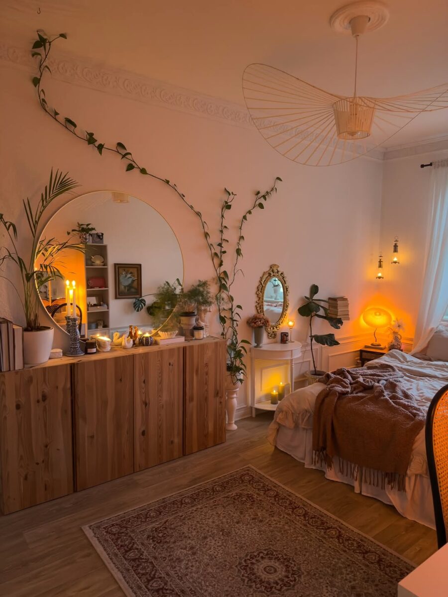 Nature-inspired bedroom with cozy lighting accents
