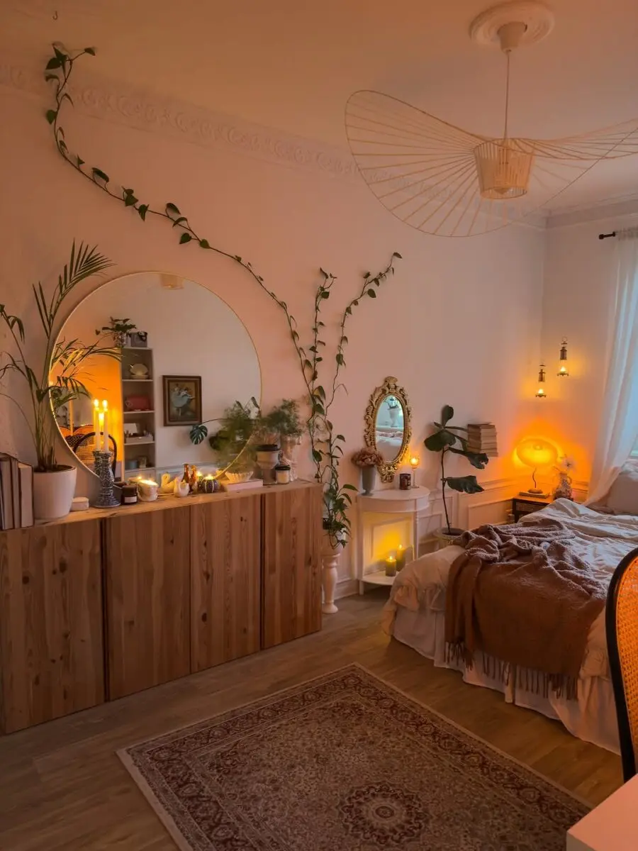 Nature-inspired bedroom with cozy lighting accents